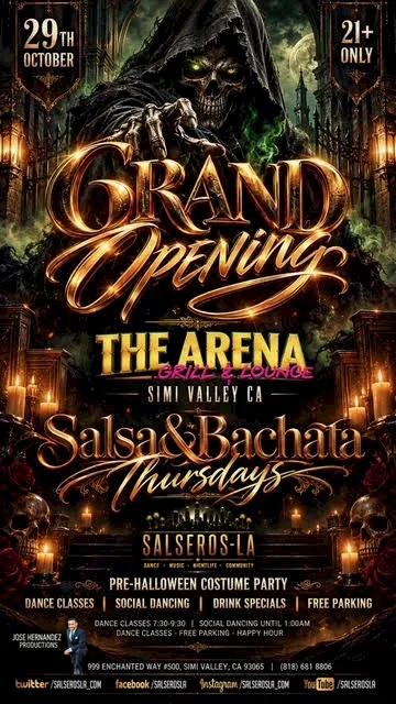 A promotional Halloween-themed “Grand Opening: The Arena” flyer featuring skeleton dancers, event date, and “Salsa & Bachata Thursdays.”